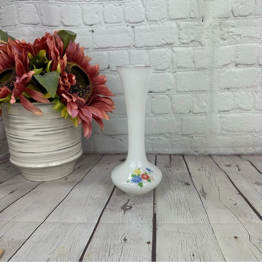 Vintage white frosted bud vase with bright flowers